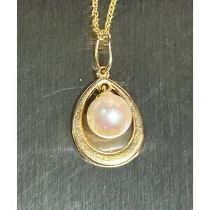 Vintage 14k solid yellow gold freshwater pearl drop dangle pendant necklace 16”